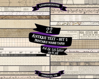 Antique text washi tape strips: Vintage journal journal (digital download)