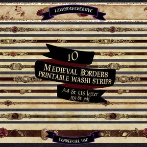 Castlecore Medieval washi tape strips | Printable gold & maroon Borders | Junk Journal, Scrapbook, Ephemera | Digital Download | LMC397