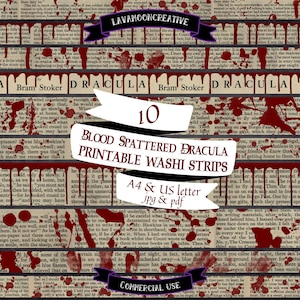 Blood spattered Dracula washi tape strips printable | vampire Junk Journal | digital download | gothic ephemera | Blood spatter pdf | LMC429