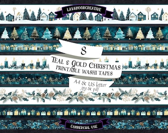Teal Christmas Washi Strips: Gold Border Tape (Digital Download)