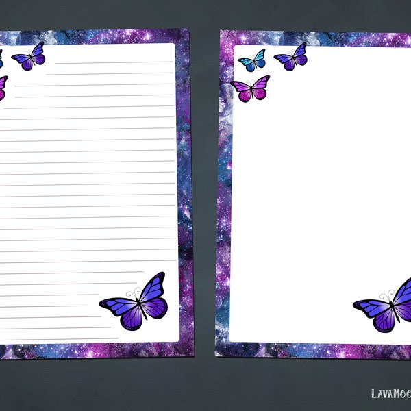 Butterfly galaxy printable stationery | Digital download | Lined & plain | A4 A5 US letter | Digital paper | Penpal | Scrapbooking | LMC72