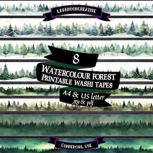 May include: Eight printable watercolor forest washi tapes in A4 and US letter sizes, in jpg and pdf formats. The tapes feature a variety of forest scenes with green trees, fog, and snow.  The text "LAVAMOONCREATIVE" and "COMMERCIAL USE" are also visible.