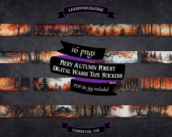 Dark Academia washi tape clipart: Autumn forest, Junk journal (digital download)
