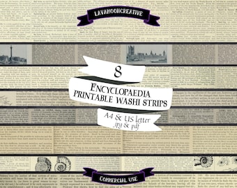 Encyclopaedia Washi Tape Strips: Vintage Text, Junk Journal (Digital Download)