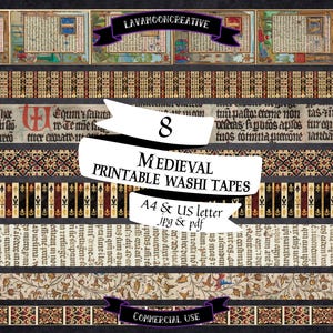 Medieval washi tape strips: Junk journal printable (PDF JPG, A4 US letter) LMC338