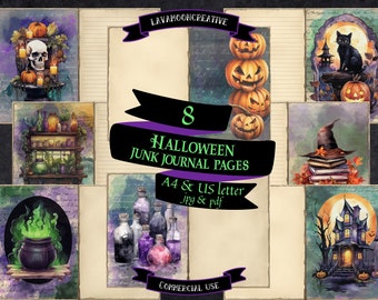 May include: Eight printable Halloween themed junk journal pages in A4 and US letter size. The pages feature a variety of spooky and whimsical illustrations, including a cauldron with green smoke, a skull with candles, a witch's hat with books, a haunted house, and a stack of pumpkins.