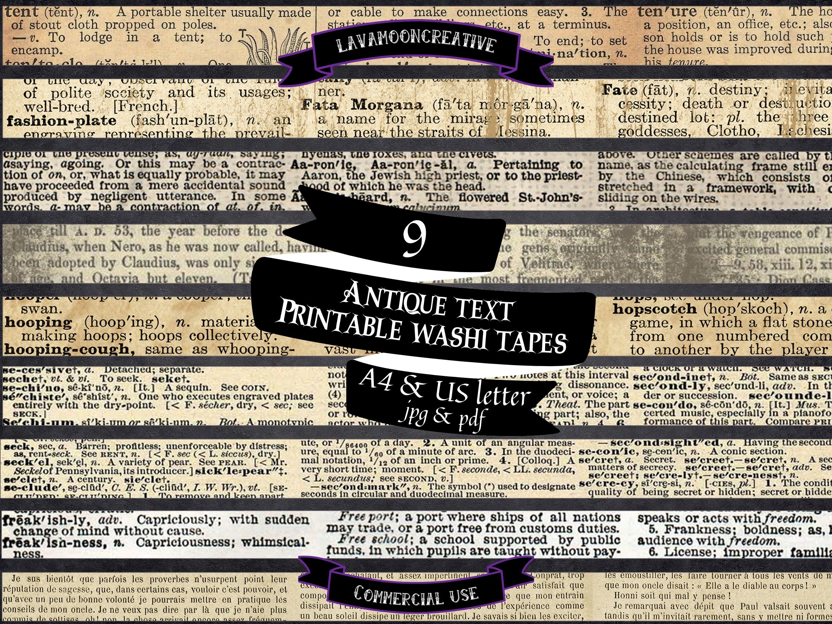 Antique Text Printable Washi Tape Strips | Junk Journal Word Strips ...