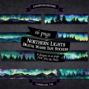 Northern lights digital stickers washi tape clipart | magical forest washi | aurora borealis | green washi pngs | ditigal stickers | LMC387