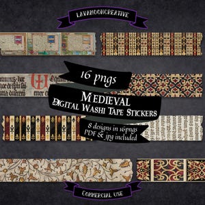 Puede incluir: Una descarga digital de 16 pegatinas de cinta washi de temática medieval. Las pegatinas presentan una variedad de diseños, incluyendo patrones florales, formas geométricas y texto. El texto incluye las palabras "cretimus-hoe", "20-hoe de fri foo", "crentta buvo titere", "anus meas", "es afandun", "gofum.jpalpa", "ndio", "way.Roht", "cambeedigin", "hantona nó", "dio dixie-", "Adhuc buca", "fas affiz", "dueair.a", "aff", "anus meas", "hret unya", "alto eterne 1", "putosa", "cotina pia".