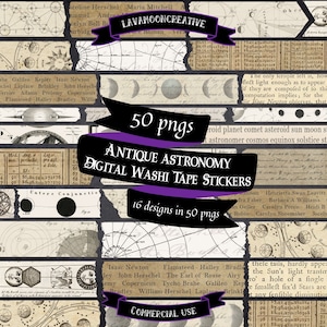 May include: A set of 50 digital washi tape stickers featuring antique astronomy illustrations. The stickers include images of planets, stars, constellations, and scientific diagrams. The text "Antique Astronomy Digital Washi Tape Stickers" is printed in a purple banner.