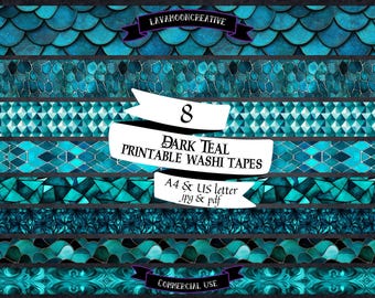 Dark Teal Washi Tape Strips: Scrapbook & Journal (Digital Download)
