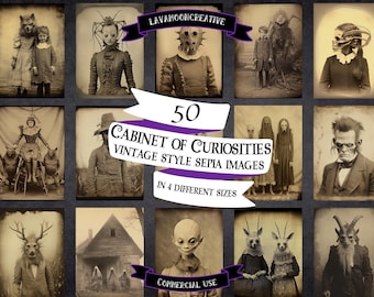 May include: A collection of 50 vintage-style sepia images featuring a variety of spooky and eerie subjects, including creatures, people, and objects. The images are labeled "Cabinet of Curiosities" and are available in four different sizes.  Commercial use is permitted.