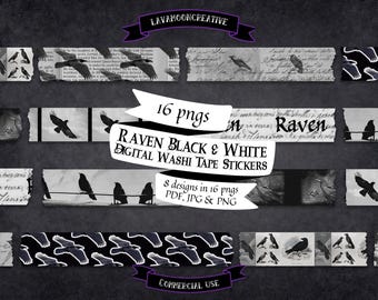 Goth Raven washi tape stickers: B&W dark washi clipart (PNG, PDF, JPG)