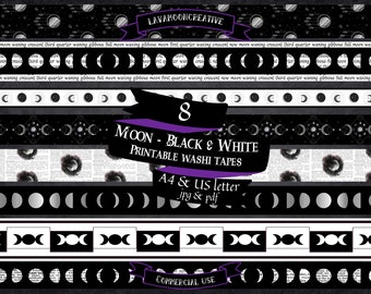 Moon washi tape strips printable - Black & white junk journal (digital download)