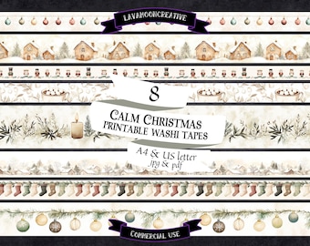 May include: Eight printable Christmas washi tapes with a winter theme. The tapes feature illustrations of houses, ornaments, stockings, and other festive elements. The text "CALM CHRISTMAS PRINTABLE WASHI TAPES" is displayed in a white banner with a brown border. The text "A4 & US letter Jpg & pdf" is displayed in a smaller white banner with a brown border. The text "COMMERCIAL USE" is displayed in a black banner with a white border.