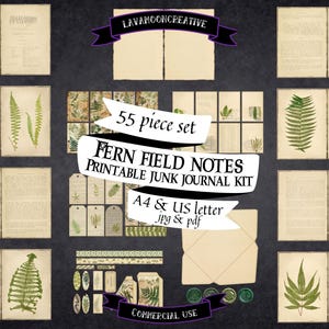 May include: A printable junk journal kit featuring fern illustrations. The kit includes 55 pieces in both A4 and US letter sizes, in JPG and PDF formats. The kit is for commercial use.