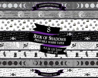 Book of Shadows washi tape strips: Witch grimoire, moon designs (digital download)