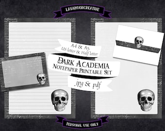 Skull Notepaper Set: Dark Academia Printable Stationery (PDF, JPG)
