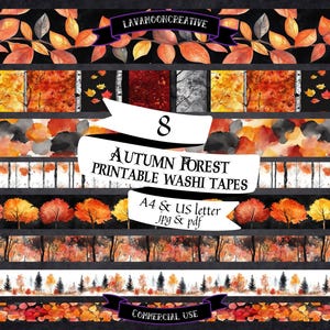 Könnte beinhalten: Acht druckbare Herbstwald-Washi-Bänder im Format A4 und US-Brief, im JPG- und PDF-Format. Die Bänder zeigen verschiedene Designs mit Herbstlaub, Bäumen und einem Birkenrindenmuster. Der Text "LAVAMOONCREATIVE" und "COMMERCIAL USE" ist ebenfalls sichtbar.