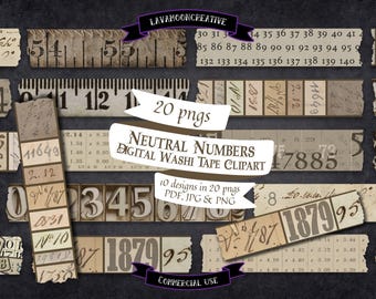 Vintage numbers washi tape stickers: Digital scrapbook planner (digital download)