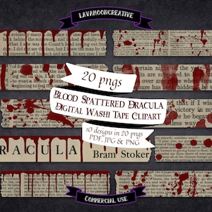 Op de afbeelding: Een digitale clipartset van 20 PNG-bestanden met 10 ontwerpen van met bloed bespatte tekst uit Bram Stoker's Dracula. De tekst staat op een vintage, verouderde papierachtergrond. De tekst omvat "Dracula", "certain night of the year", "last night", "had to have", "and that if I wished", "is victory in my body", "for he began on", "smooth, mistless way", "Sometimes", "go slowly", "at home", "looked round to", "may have", "Commercial Use".