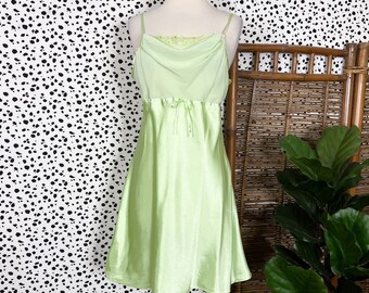 Vintage | Delicates Y2K 90s Pastel Lime Green Satin Draped Neck Slip Dress M