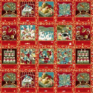 May include: A fabric print featuring the Twelve Days of Christmas theme with repeating rectangular panels in red, green, and gold. Each panel illustrates a verse from the song, including birds, dancers, and musicians, with text labels below each scene.