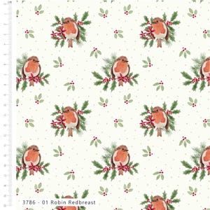 May include: A white fabric featuring a repeating pattern of brown and orange robins perched on green holly branches with red berries and small green leaves. A metric ruler on the left shows a scale of 20 cm. Text reads 3786 - 01 Robin Redbreast.