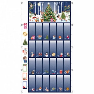 May include: A fabric advent calendar panel featuring a dark blue background with white snowflakes and a top illustration of a decorated Christmas tree in a snowy forest. The panel includes twenty-four numbered rectangular pockets with festive icons.