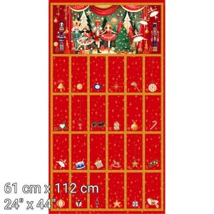 May include: A red fabric advent calendar panel measuring 61 cm by 112 cm. The top features a Nutcracker ballet scene with dancers and trees. Below are twenty-four numbered rectangular sections decorated with gold stars and holiday icons.
