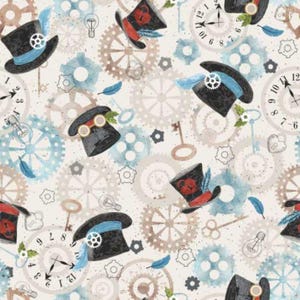 May include: A seamless pattern featuring a whimsical design of top hats, gears, keys, and clocks. The background is a light beige with blue and brown accents. The top hats are decorated with feathers, gears, and other embellishments.