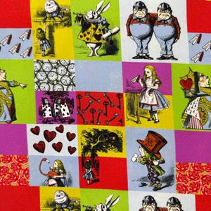 May include: A patterned fabric with illustrations from Alice in Wonderland. The design features characters such as the White Rabbit, Alice, the Mad Hatter, and the Queen of Hearts, set against a patchwork of colourful squares in red, green, purple, and yellow.