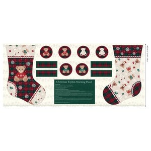 May include: A Christmas fabric panel featuring two stocking shapes, circular bear motifs, and rectangular trim pieces. The design includes teddy bears in sweaters, plaid patterns, and snowflakes on cream and dark green backgrounds. Text reads Christmas Toybox Stocking Panel.
