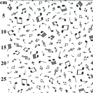May include: White fabric featuring a random pattern of black musical notes, including quavers, crotchets, and treble clefs. The design is scattered across the fabric, creating a musical theme.