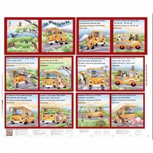 May include: A colourful children's book page with illustrations of a yellow bus and various animals. The text "The Wheels on the Bus" is displayed. The illustrations depict different scenarios with the bus, accompanied by the lyrics of the song.