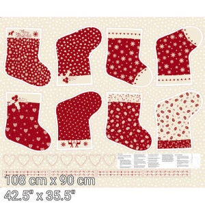 May include: A fabric panel featuring eight printed Christmas stockings in various red and cream patterns, including hearts, snowflakes, and reindeer. The panel measures 108 cm by 90 cm and includes decorative heart and border motifs.
