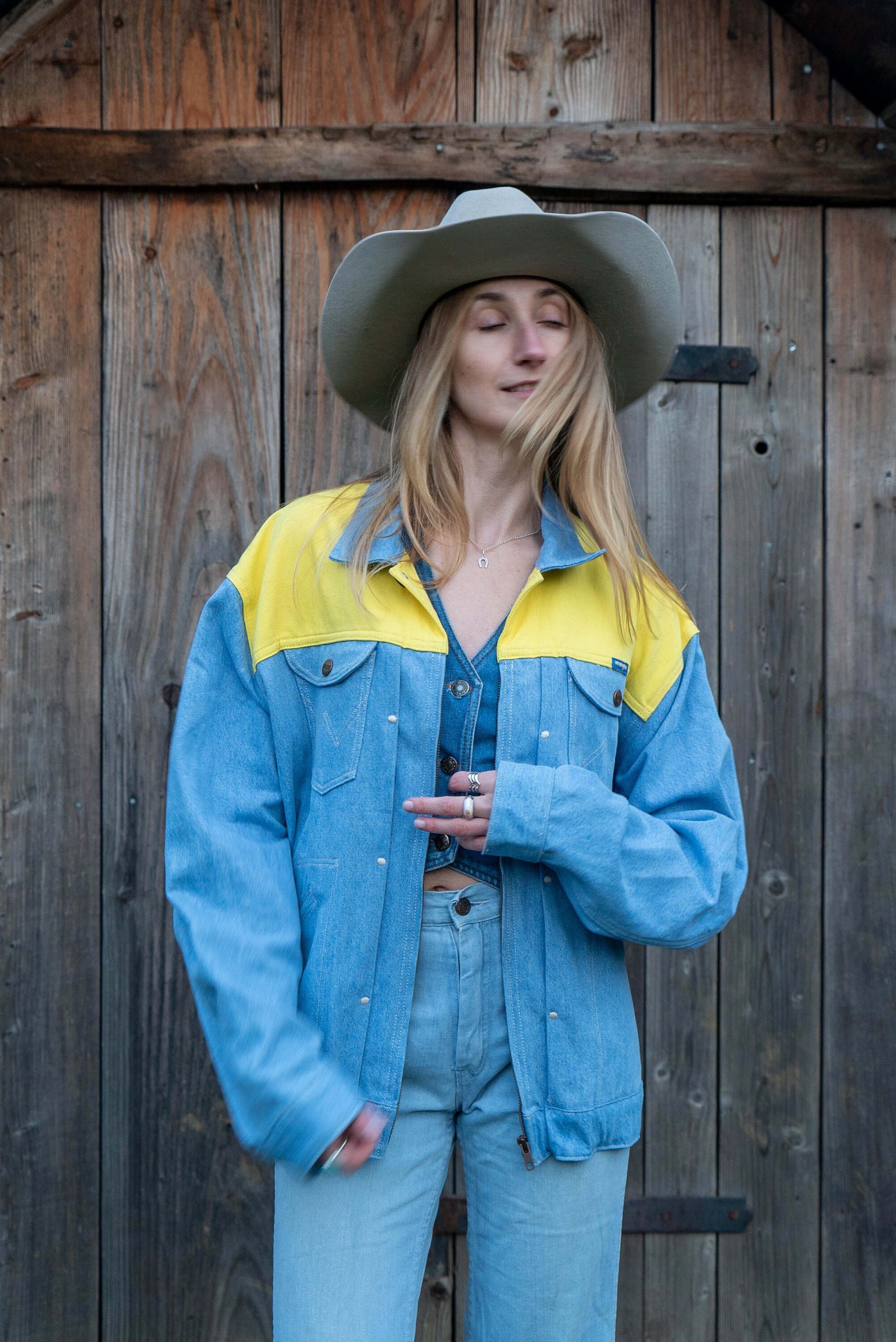 Jacket Outfit Yellow Blue Jean Jacket 80s Vintage Wrangler Moto