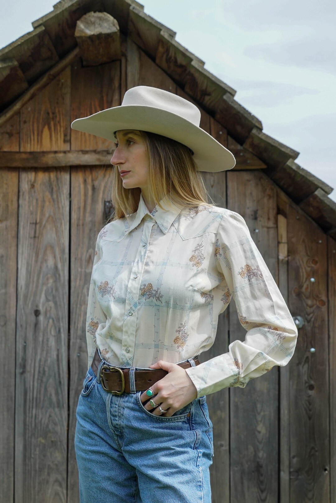 Shirt Designs Inc, Vintage 60s/70s Blue Floral Print Cowboy Shirt L/XL