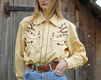 70s vintage H Bar C California Ranchwear light yellow western shirt with embroidery