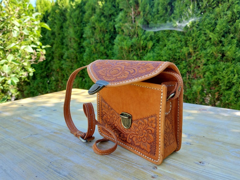 Leather Saddle Bag With Embossed Floral Pattern, Handmade Indonesian