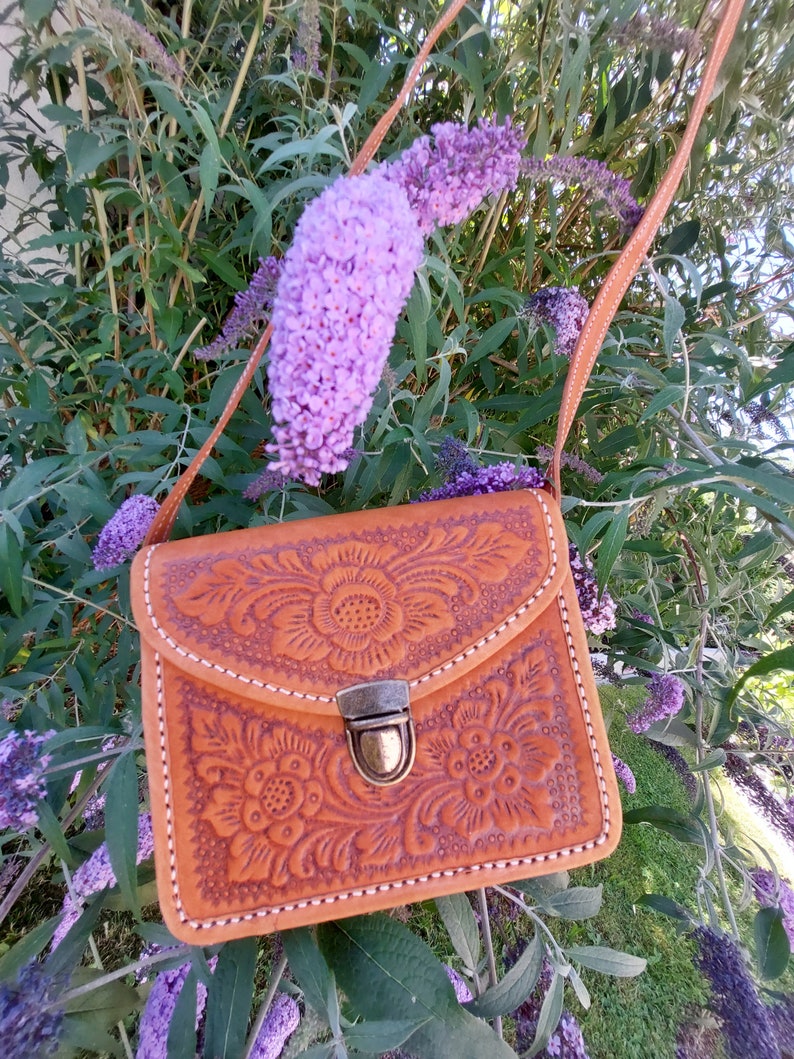 Leather Saddle Bag With Embossed Floral Pattern, Handmade Indonesian