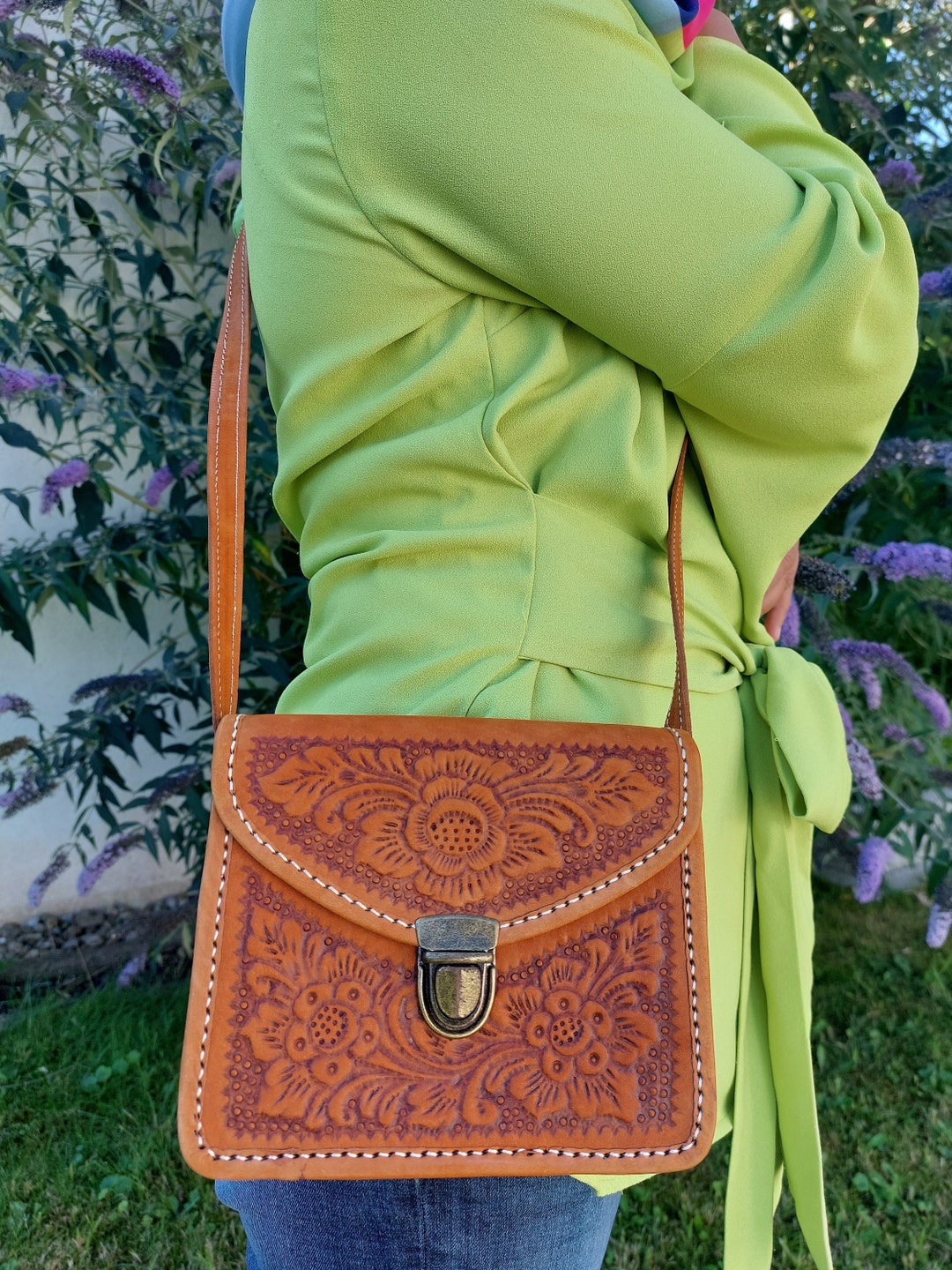 Leather Saddle Bag With Embossed Floral Pattern, Handmade Indonesian