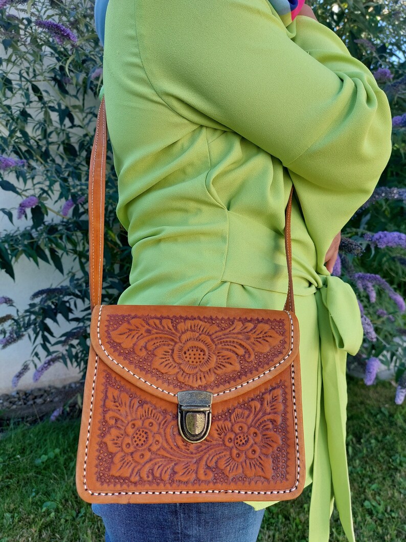 Leather Saddle Bag With Embossed Floral Pattern, Handmade Indonesian