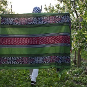 Puede incluir: Un textil con estampado verde y rojo, posiblemente una manta o chal, se sostiene en un jardín. El textil presenta rayas horizontales y patrones decorativos en rojo, negro y blanco. El fondo incluye vegetación exuberante y árboles en flor.