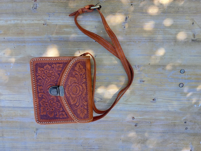 Leather Saddle Bag With Embossed Floral Pattern, Handmade Indonesian