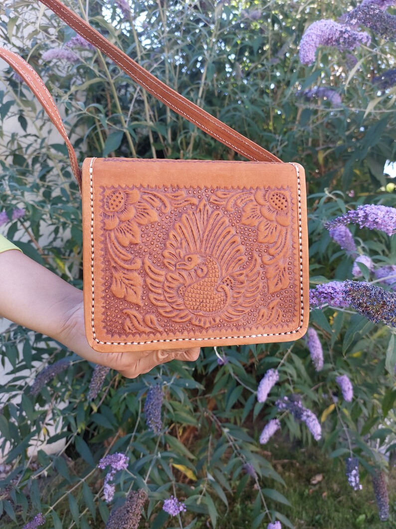 Leather Saddle Bag With Embossed Floral Pattern, Handmade Indonesian
