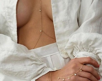 14K Gold Plated Body Chain and Hand Chain with Pearl, Bikini Body Jewelry, Festival Body Chain, Gold Belly Chain, Gold Hand Chain