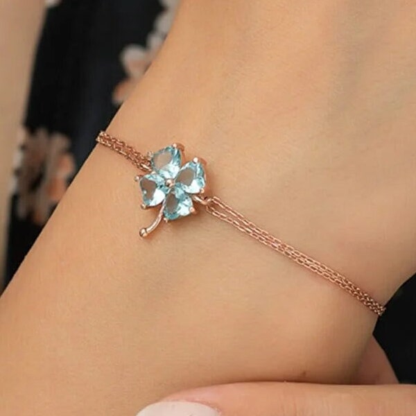 925 Sterling Silver Aquamarine Clover Bracelet, Clover Bracelet, Aquamarine Bracelet, March Birthstone Bracelet, Handmade Gemstone Jewelry
