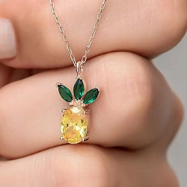 925 Sterling Silver Citrine Stone Pineapple Necklace,  Rose Gold Pineapple Pendant, Citrine Pineapple Charm Necklace, Fruit Necklace