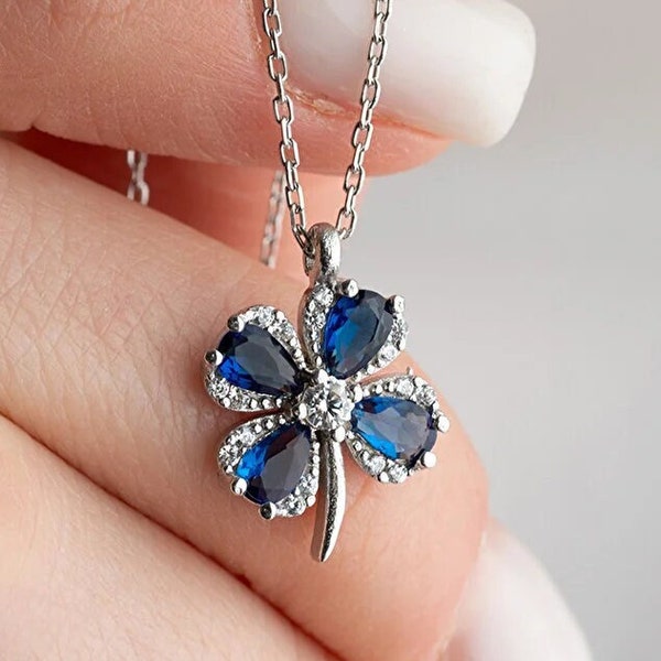 925 Sterling Silver Sapphire Clover Necklace, Sapphire Clover Charm, Sapphire Pendant, Sapphire Clover Charm, Sapphire Jewelry